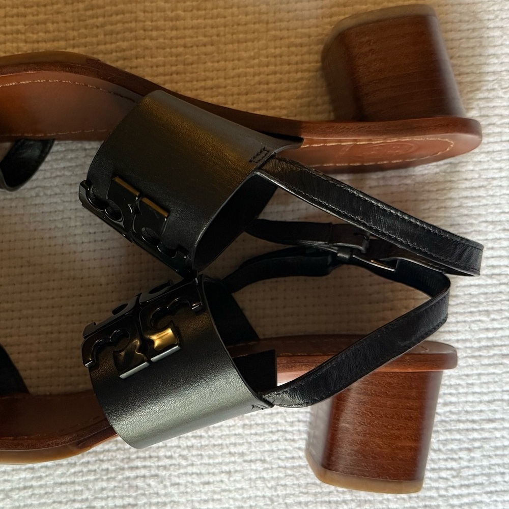 Tory Burch Black Lowell Napa Leather Block Heels Black Sz 7 Sandals. Excellent - Picture 6 of 14